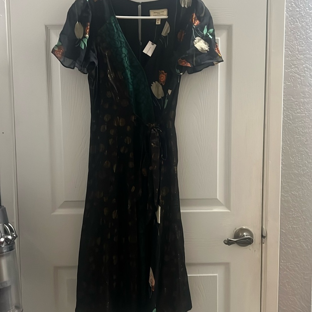 Anthropologie Black Floral Wrap Mini Dress
